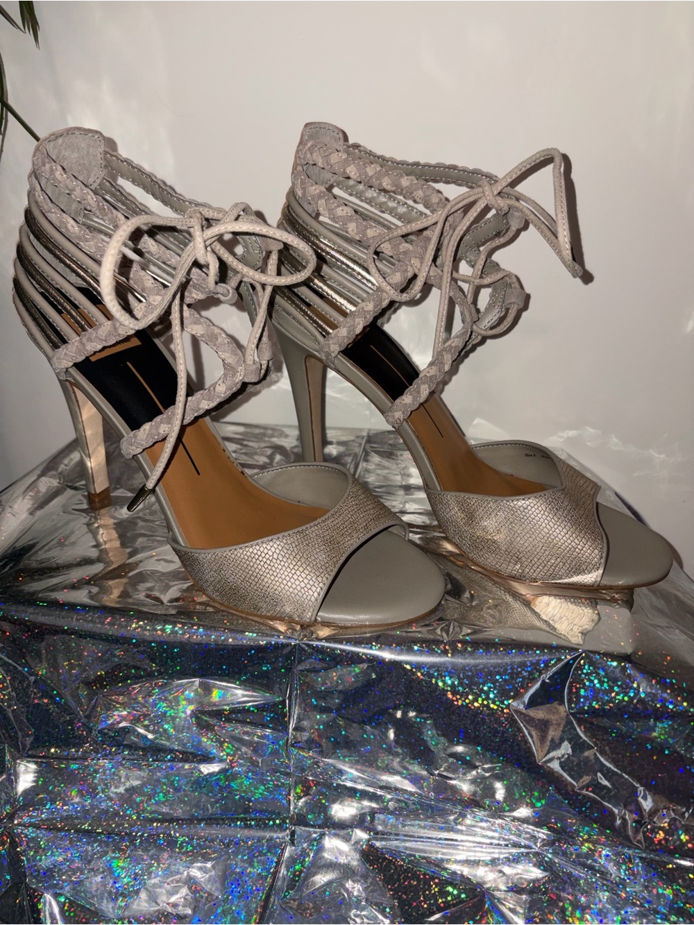 Dolce Vita Metallic Taupe Lace-Up High Heel Sandals